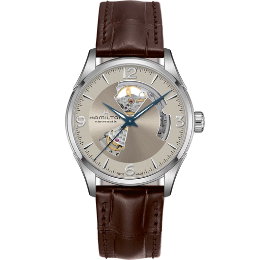 Hamilton watch with brown leather strap and silver case on white background