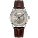 Hamilton watch with brown leather strap and silver case on white background