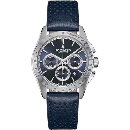 Hamilton watch with blue strap and face on a white background