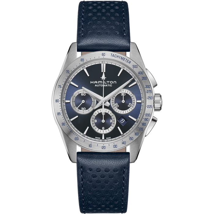 Hamilton watch with blue strap and face on a white background