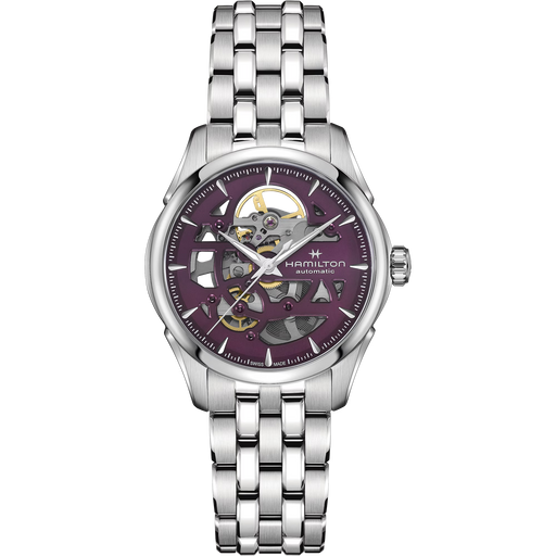 Hamilton watch with a silver bracelet and purple face on a white background