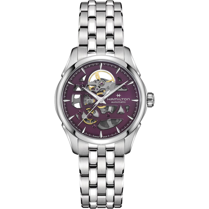 Hamilton watch with a silver bracelet and purple face on a white background