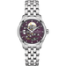 Hamilton watch with a silver bracelet and purple face on a white background