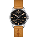 A Hamilton Kiki Automatic watch featuring a black dial with orange-tinted markers and hands, a silver-tone stainless steel case, and a tan leather strap with a debossed logo.