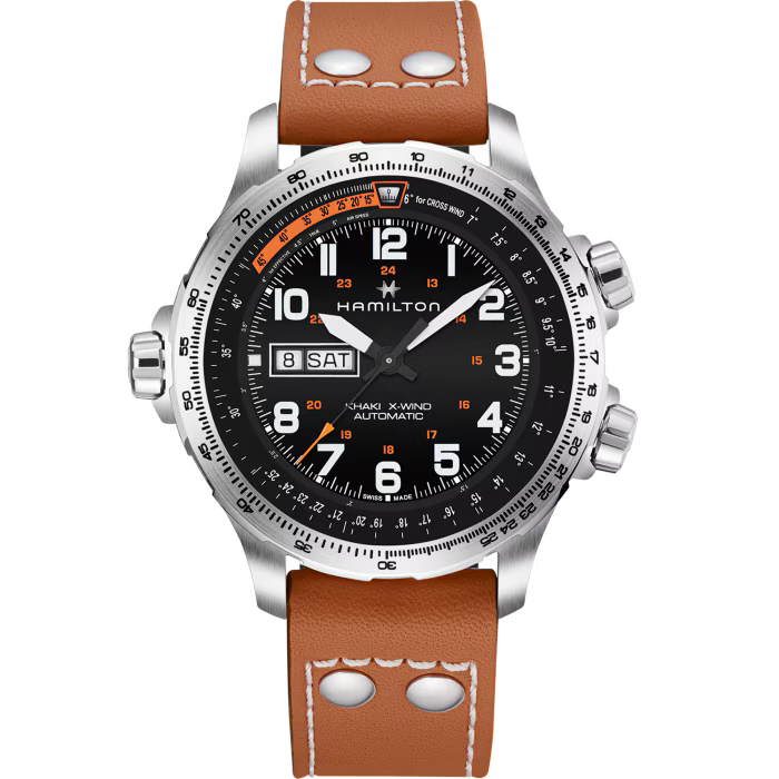 Hamilton Shaw-Knabe Automatic watch with a brown leather strap, silver stainless steel case, and a black dial with white and orange details.