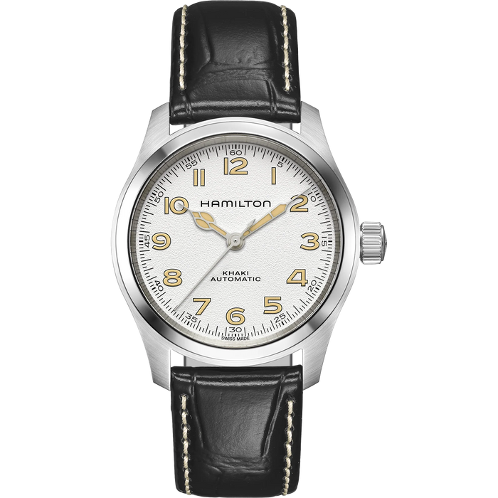 Hamilton watch with black leather strap and white dial on a white background