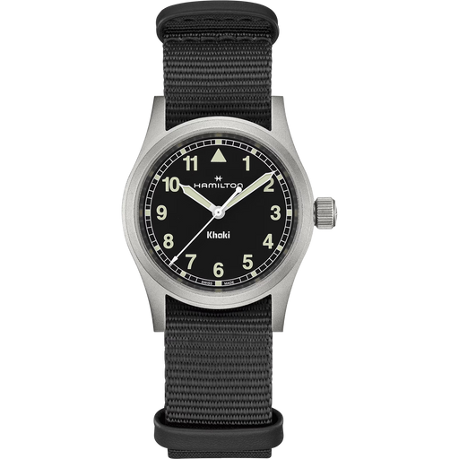 A Hamilton Khaki wristwatch with a black dial, black fabric strap, and silver-toned stainless steel case, shown against a plain white background.