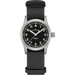 A Hamilton Khaki wristwatch with a black dial, black fabric strap, and silver-toned stainless steel case, shown against a plain white background.