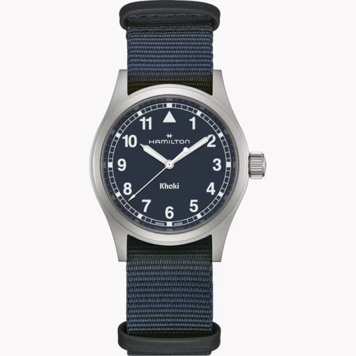 Hamilton watch with blue strap and face on a white background