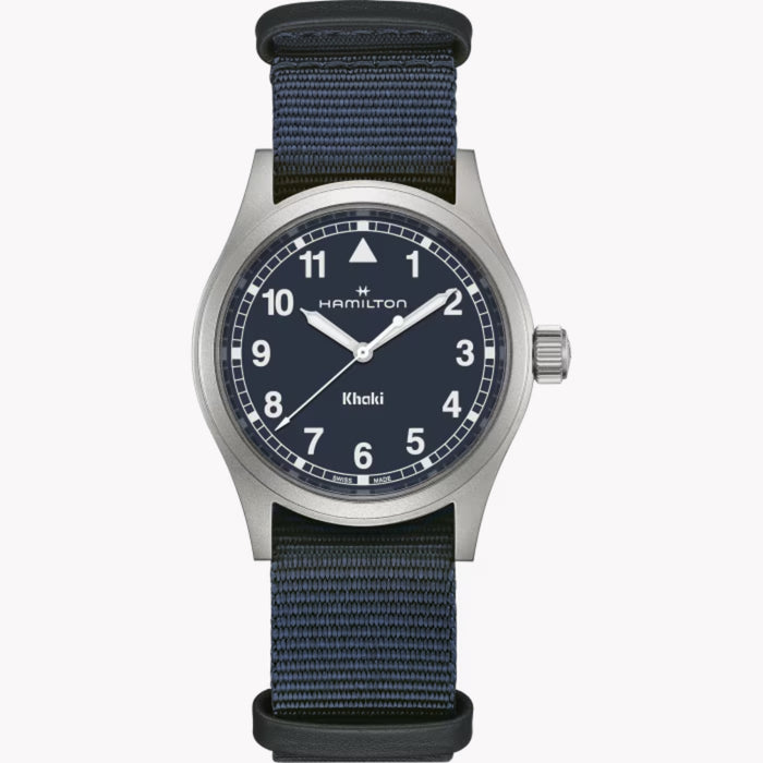 Hamilton watch with blue strap and face on a white background