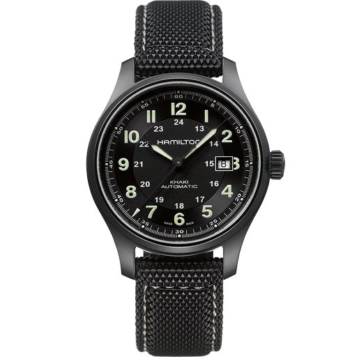 Hamilton watch with black dial and mesh band on a white background