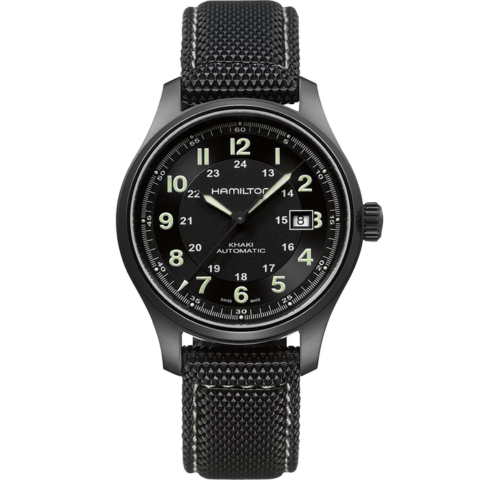 Hamilton watch with black dial and mesh band on a white background