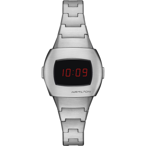 Hamilton digital watch with a brushed stainless steel case and link bracelet, featuring a black rectangular display with red LED numerals, shown against a plain white background.
