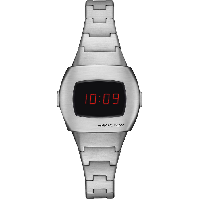 Hamilton digital watch with a brushed stainless steel case and link bracelet, featuring a black rectangular display with red LED numerals, shown against a plain white background.