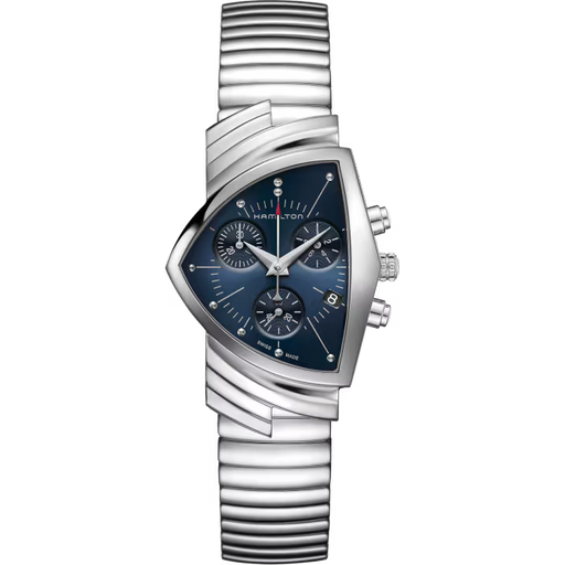 Hamilton men's watch featuring a silver stainless steel case and integrated link bracelet, with a shield-shaped dark blue dial and chronograph subdials.