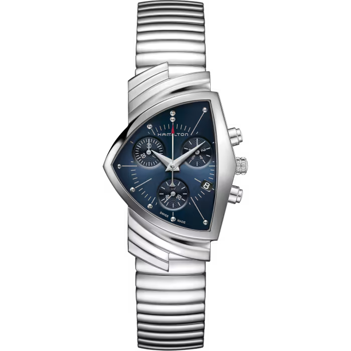 Hamilton men's watch featuring a silver stainless steel case and integrated link bracelet, with a shield-shaped dark blue dial and chronograph subdials.