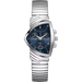 Hamilton men's watch featuring a silver stainless steel case and integrated link bracelet, with a shield-shaped dark blue dial and chronograph subdials.