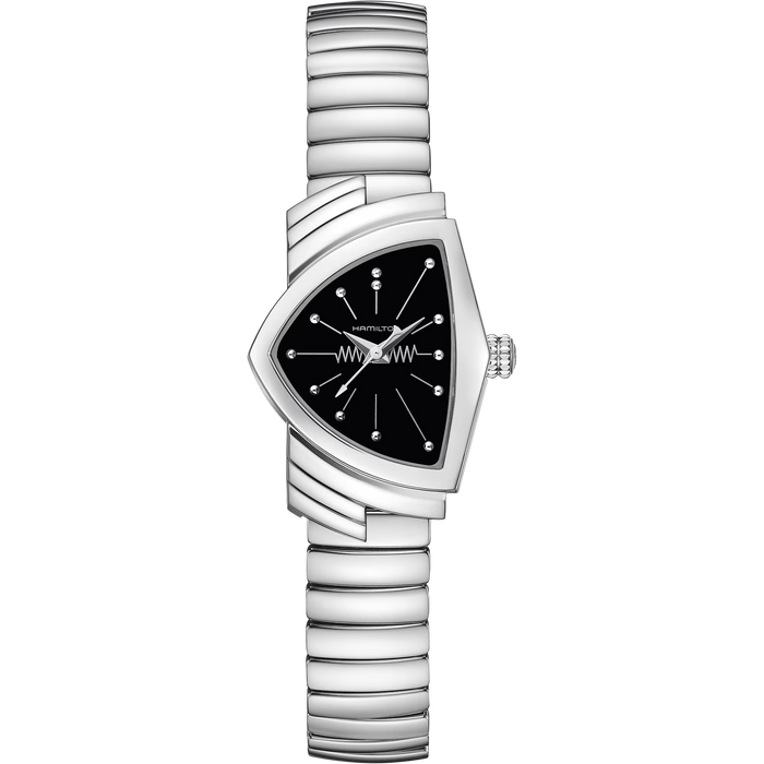 Silver watch with a black face on a white background