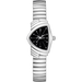 Silver watch with a black face on a white background