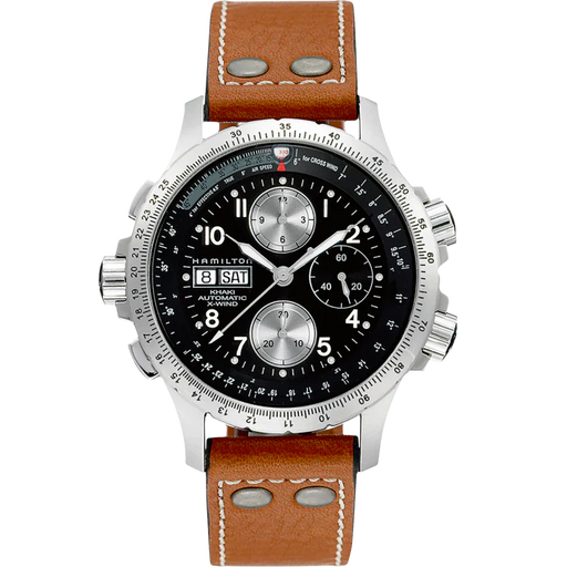 A Hamilton watch with a brown leather strap, silver-tone case, and a black dial featuring three subdials and a day/date window.