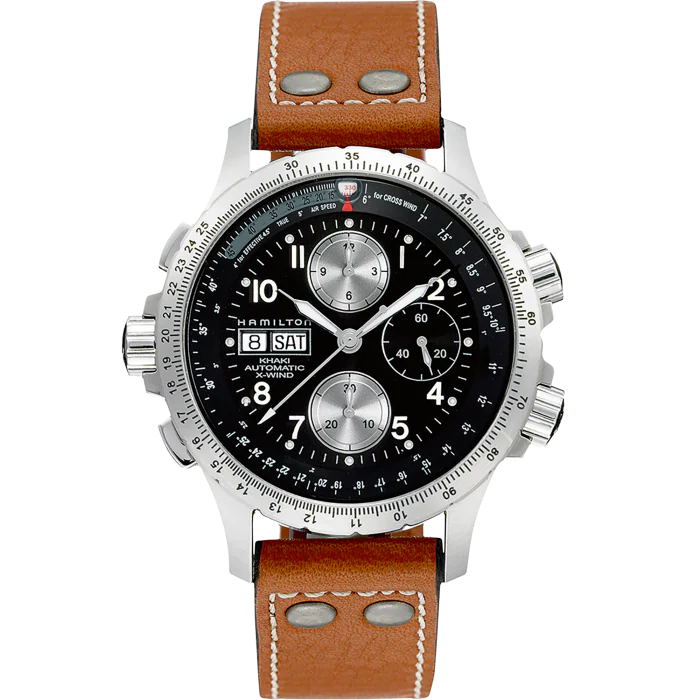 A Hamilton watch with a brown leather strap, silver-tone case, and a black dial featuring three subdials and a day/date window.