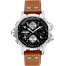 A Hamilton watch with a brown leather strap, silver-tone case, and a black dial featuring three subdials and a day/date window.