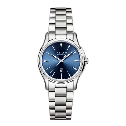Hamilton blued steel watch with a blue sunburst dial, silver-tone case, and matching stainless steel link bracelet, shown against a plain white background.