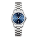 Hamilton blued steel watch with a blue sunburst dial, silver-tone case, and matching stainless steel link bracelet, shown against a plain white background.