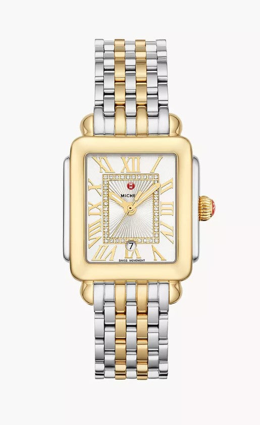 Michele Deco Madison Mid Two-Tone 18K Gold Diamond Swiss Three Hand Quartz White Silver Dial Stainless Steel Watch MWW06G000013