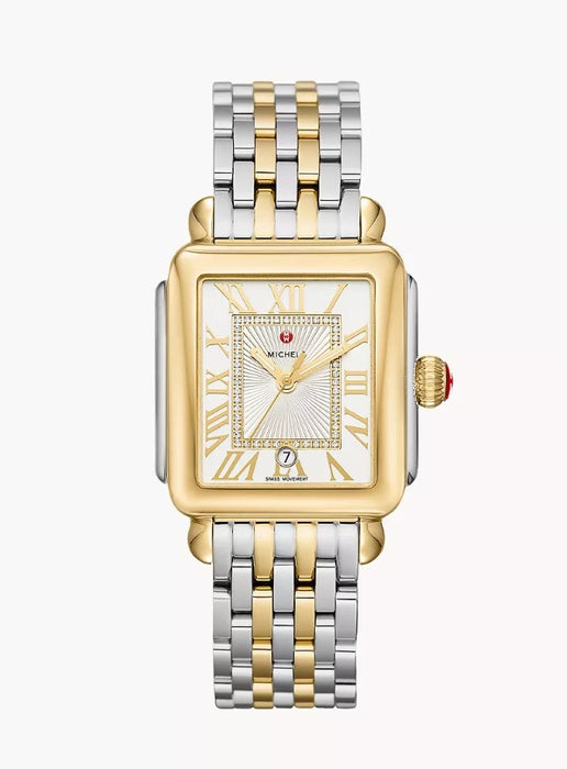 Michele Deco Madison Two-Tone 18K Gold Diamond Swiss Three Hand Date Silver Dial Stainless Steel Watch MWW06T000147