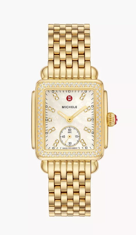 Michele Deco Mid 18K Gold-Plated Diamond Swiss Three Hand White Dial Stainless Steel Watch MWW06V000124