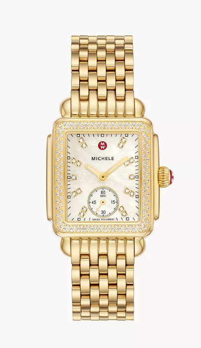 Michele Deco Mid 18K Gold-Plated Diamond Swiss Three Hand White Dial Stainless Steel Watch MWW06V000124