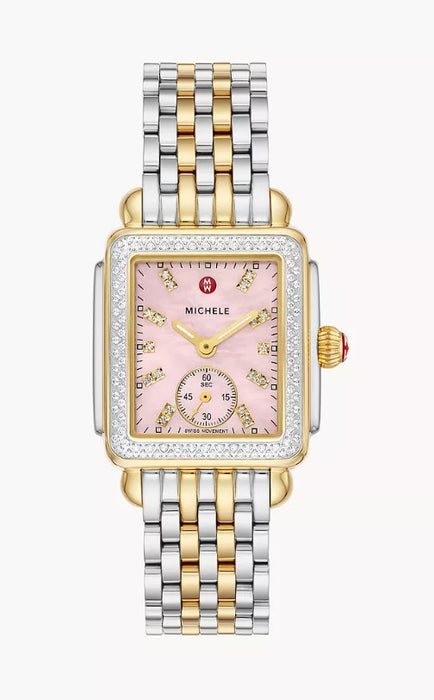 Michele Deco Mid Two-Tone 18K Gold-Plated Diamond  Swiss Three Hand Pink Dial Stainless Steel Watch MWW06V000129