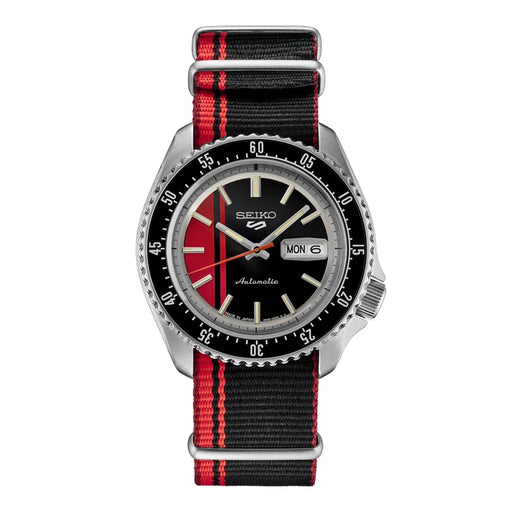 Seiko 5 Sports Red Black And Red Striped Nylon Strap Men Watch Srpk71_1