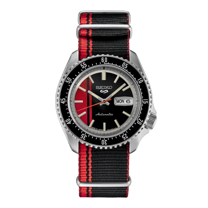 Seiko 5 Sports Red Black And Red Striped Nylon Strap Men Watch Srpk71_1