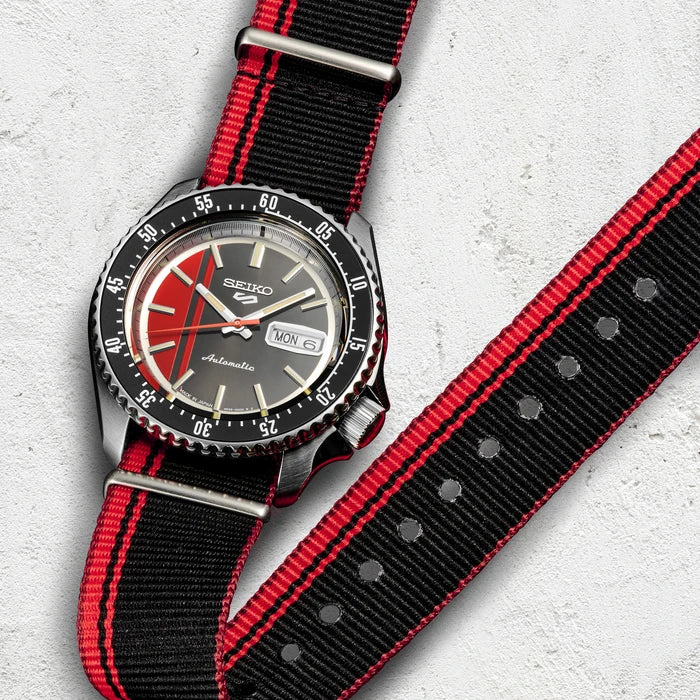 Seiko 5 Sports Red Black And Red Striped Nylon Strap Men Watch Srpk71_4
