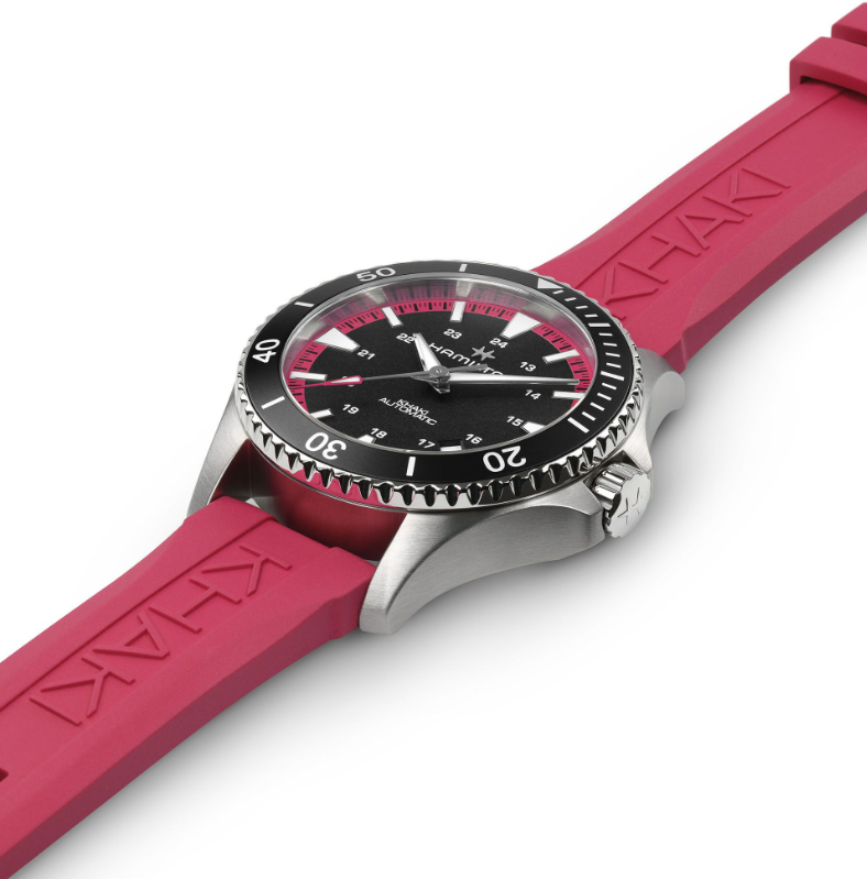 Hamilton Khaki Navy Scuba Auto Black Dial Black Hot Pink Rubber Strap Round Stainless Steel Case 40mm Men's Watch H82395330