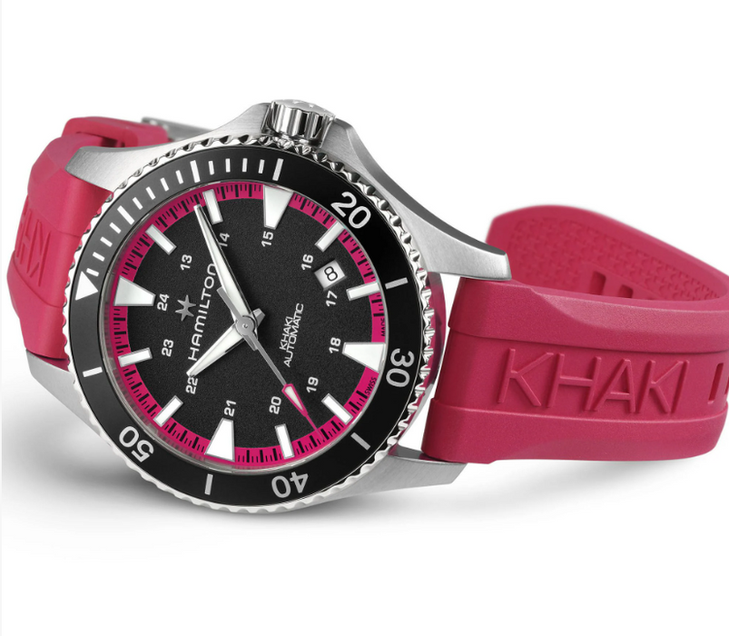 Hamilton Khaki Navy Scuba Auto Black Dial Black Hot Pink Rubber Strap Round Stainless Steel Case 40mm Men's Watch H82395330