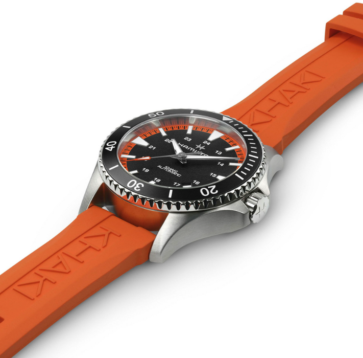 Hamilton Khaki Navy Scuba Auto Black Dial Black Tangerine Orange Rubber Strap Round Stainless Steel Case 40mm Men's Watch H82395331