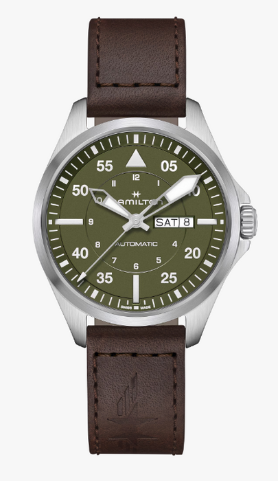 Hamilton Khaki Aviation Pilot Day Date Auto Olive Green Dial Brown Strap Round Automatic Men's Watch H64635560