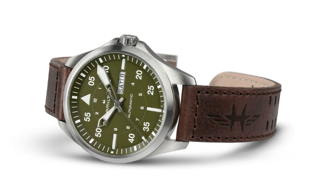 Hamilton Khaki Aviation Pilot Day Date Auto Olive Green Dial Brown Strap Round Automatic Men's Watch H64635560