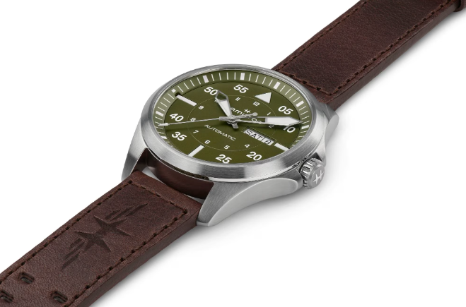 Hamilton Khaki Aviation Pilot Day Date Auto Olive Green Dial Brown Strap Round Automatic Men's Watch H64635560