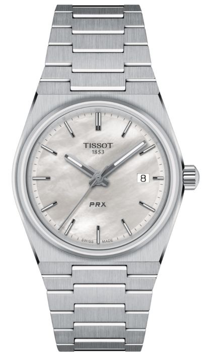 Tissot PRX 35mm T Classic Quartz White Mother Of Pearl Dial Stainless Steel Case Grey Strap Round Quartz  Men's Watch T1372101111100