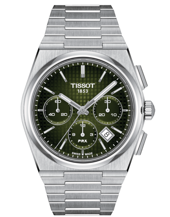 Tissot PRX Automatic Chronograph  T-Classic Graded Green Dial Grey Strap Stainless Steel Men's Watch  T1374271109100