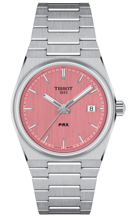 Tissot PRX 35mm T-Classic Pink Dial Grey Strap Stainless Steel Swiss Quartz Unisex Watch  T1372101133100