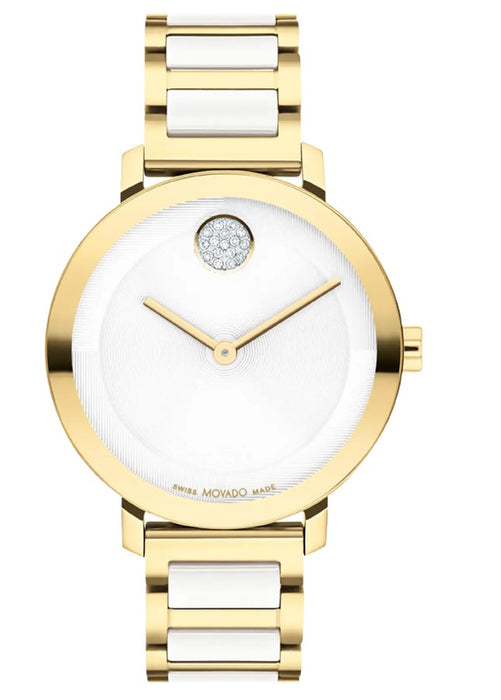 Movado BOLD Evolution 2.0 Silver White Museum with Crystal Set Dot Quartz Stainless Steel Women's Watch 3601238.