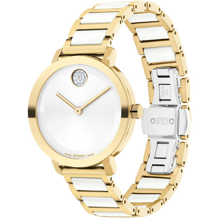 Movado BOLD Evolution 2.0 Silver White Museum with Crystal Set Dot Quartz Stainless Steel Women's Watch 3601238.