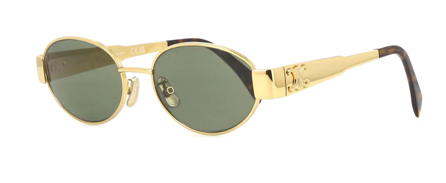 Celine Metal Triomphe CL40235U 30N Shiny Endura Gold/Green Oval Women's Sunglasses