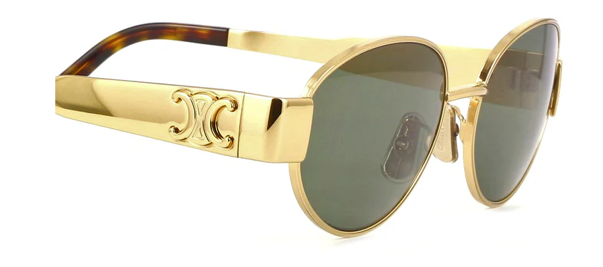 Celine Metal Triomphe CL40235U 30N Shiny Endura Gold/Green Oval Women's Sunglasses