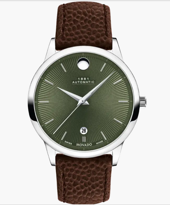 Movado 1881 Automatic Brown Leather strap/Green Dial 40mm Unisex Watch 0607853.